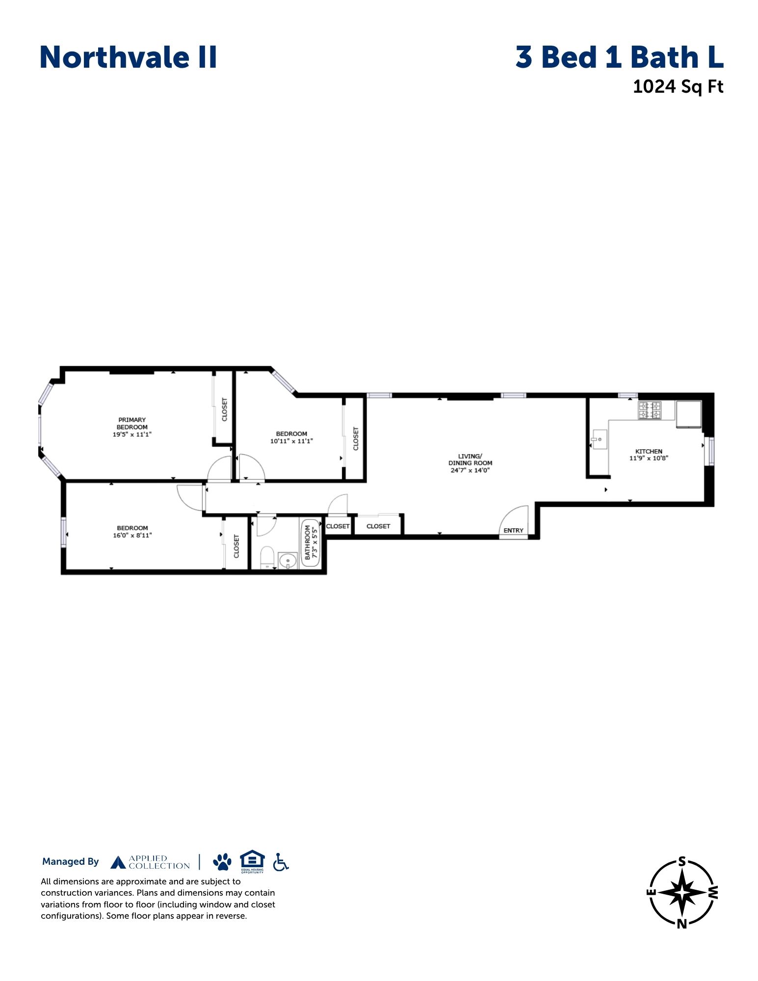 Floor plan for 3 beds, 1 bath, 1024 sqft